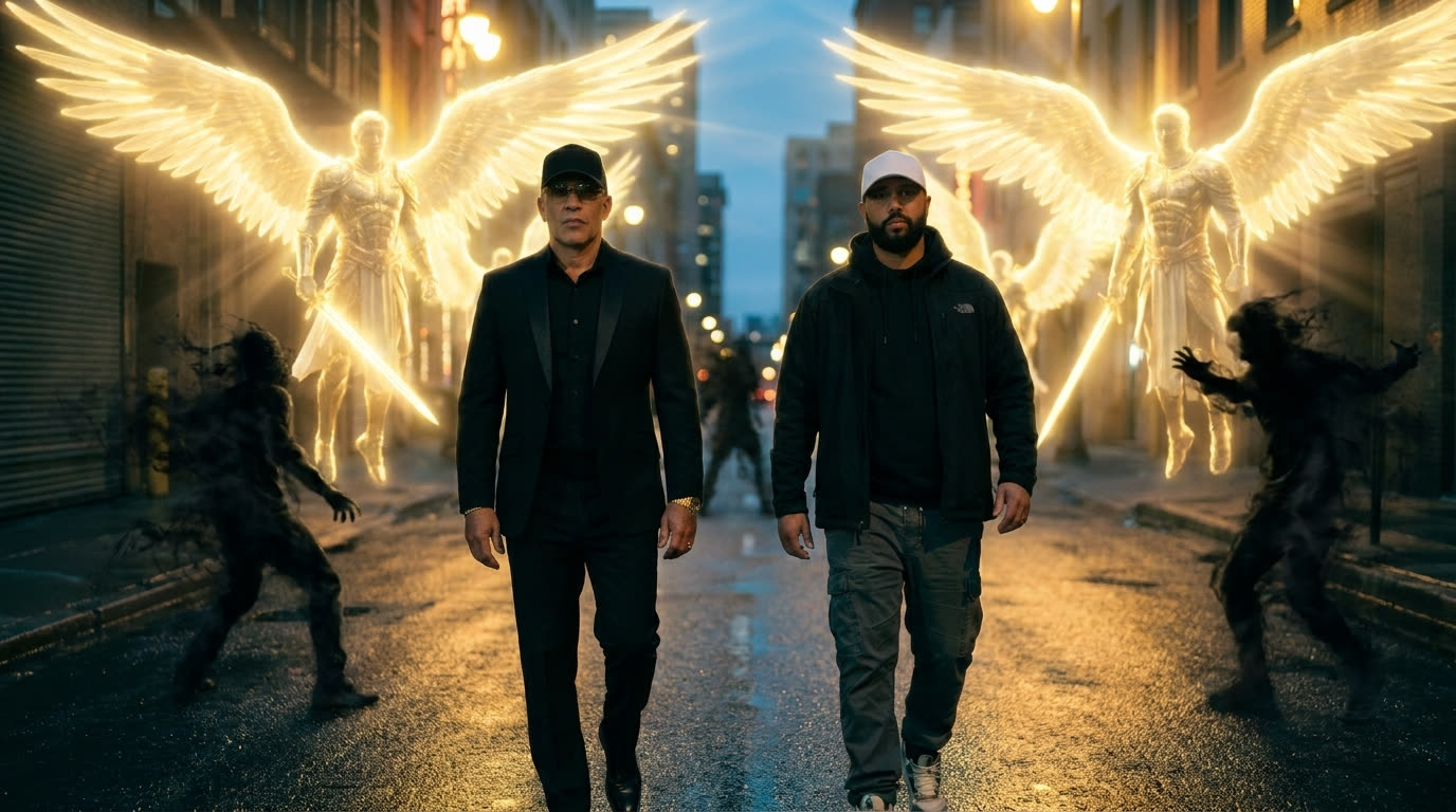 Two men walking a city street at dusk while angels of light drive back shadows around them